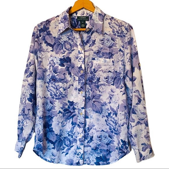 LRL 90’s button down cotton blue and white  floral shirt. Double front pockets - Picture 2 of 7